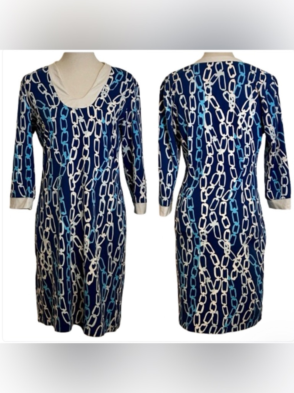 J. McLaughlin Gisel Catalina Cloth Navy and White Chain-Print V-Neck Dress M